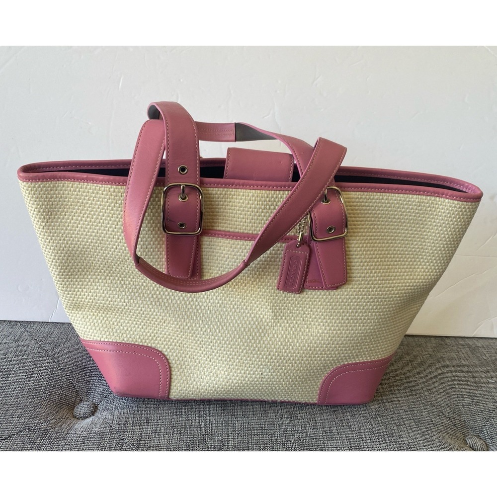 VTG Y2K Coach Woven Ivory Straw Pink Leather Trim Satchel